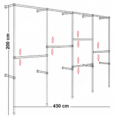 Wandregalsystem Garderobensystem begehbarer Kleiderschrank 200 cm hoch und 430 cm breit Höhen variabel anzuschrauben Wandbefestigung und Gummifüsse Stahlrohre verchromt Art Nr W18