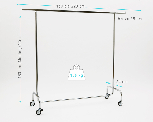 Kleiderständer 150 cm bis 220 cm Breit 160 cm Hoch mit 4 grossen 80 mm Rollen extra stabile Ausführung bis 160 kg Rollständer Konfektionsständer Chrome Art Nr 2015-150-80