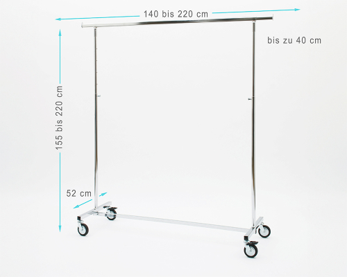 Kleiderständer Jumbo XXXL höhenverstellbar 140cm Breit 155 bis 220 cm Hoch ausziehbar mit 4 grossen 80 mm Rollen sehr stabile Ausführung Rollständer Konfektionsständer Chrome Art Nr 2056-140-80