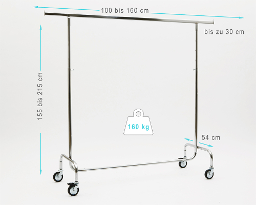 Kleiderständer höhenverstellbar 100cm Breit bis 215 cm hoch ausziehbar mit 4 grossen 80 mm Rollen sehr stabile Ausführung 160 kg Chrome Art Nr 2016-100-80